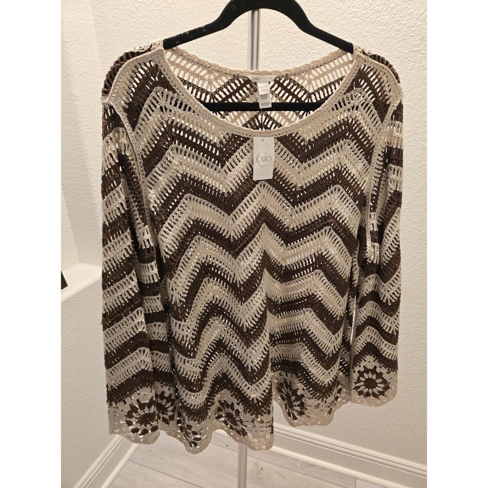 ATO Crochet Chevron Sweater Brown Cream Open Knit Granny Square Women 22/24W NWT